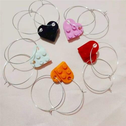 Hot Fashion Brick Heart Earrings for Women Silver Color Circle Lego Building Block Pendant Hoop Earrings Valentines Day Gift
