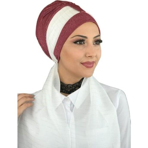 Islamic Fashion Muslim Hijab Lady Hijab 2021 Trend Scarf Bone Beanie Ready Shawl Scarf Buckle Hat Burgundy Bone Wrap
