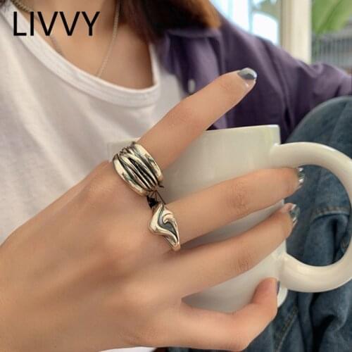 LIVVY Silver Color Mutil-layer Line Knitting Rings Open Finger Rings For Women Party Jewelry 2021 Trend