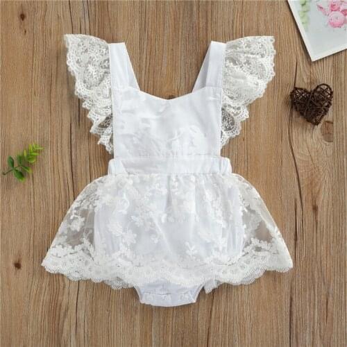 Baby Girl’s Fresh Solid Color Bodysuits Fashion Lace Fly Sleeve Backless Bandage Triangle Bodysuits for 0-18 Months