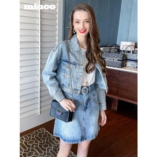 Nail bead brief paragraph cowboy coat pocket + A word skirt of tall waist suit womens clothing spring the new High Top Quality