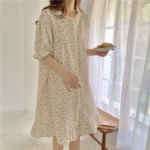 Floral Print Summer Nightgown Women Kawaii Sweet Lace Ruffles Loose Short Sleeve Homewear Single Breasted Sleepwear Vintage