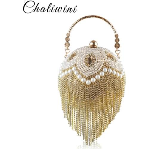 Tassel Fashion Women Pearl Beaded Crystal Party Evening Bag Bridal Wedding Round Ball Wrist Bag Round Clutch Purse Handbag