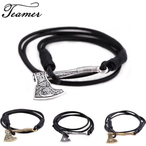 Teamer Real Leather Rope Bracelets Men Axe Charm Nordic Viking Bracelet Sun Slavic Punk Bracelets Amulet Jewelry Gifts