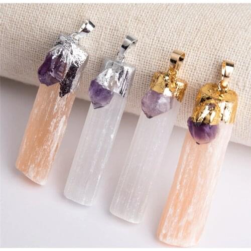 Natural Gold Plated Selenite Quartz & tourmaline Bar Earrings Natural Stones Dangle Earrings Women Gifts