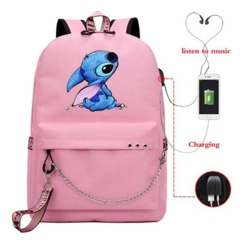 Students Cartoon Stitch Usb Charge Backpack Boys Girls School Bag Men Women Rucksack School Bag Teens Daily New Chain Knapsack