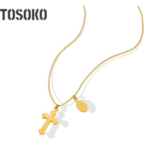 TOSOKO Stainless Steel Jewelry Cross Oval Pendant Necklace Womens Fashion Clavicle Chain BSP685