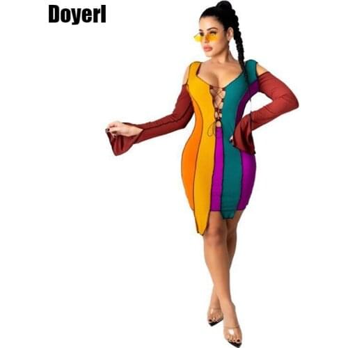 Lace Up Patchwork Sexy Club Mini Dresses for Women Party Christmas Long Sleeve Bodycon Elegant Dress Short Sexy Bandage Dress