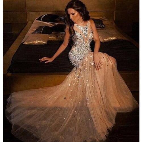 Sodigne Champagne Mermaid Evening Dresses Long Beading Sequin Glitter Prom Dress Tull Dubai Formal Evening Gowns Gala