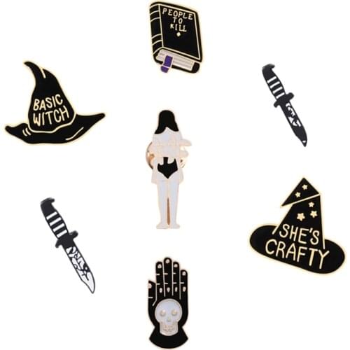 Black Cartoon Enamel Pins Skull Witch Hat Books Knife Hand Brooches Punk Fashion Jewelry for Halloween Women Lapel Shirts Badge