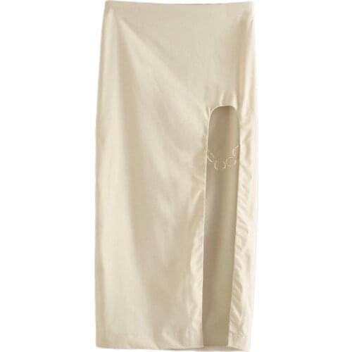 2021 New Women White Skirt Slit with Metal ring High-waist midi elegant High Street casual Sexy Women skirts ropa mujer falda
