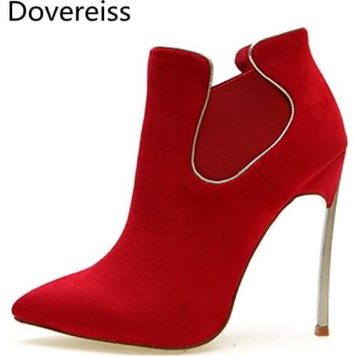 Dovereiss Fashion Womens Shoes Winter concise Pure color Red Blue new sexy Stilettos heels Short boots 34-43