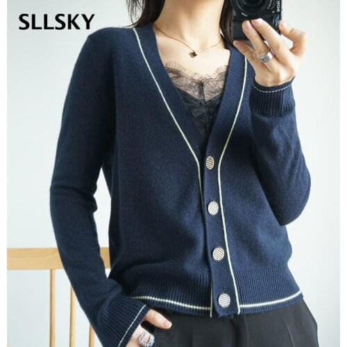 SLLSKY England Style Solid Women Cardigans 2021 Autumn Knitted Sweater V-neck Long Sleeve Single Breasted Ladies Loose Sweater
