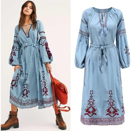 DUISNENA long boho blue dress cotton floral Embroidery women dresses casual robe belt vintage vestidos