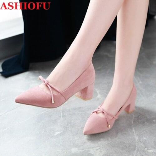 ASHIOFU Wholesale Handmade Ladies Block Heels Pumps Butterfly-knot Pointy Party Office Dress Shoes Slip-on Dailywear Court Shoes