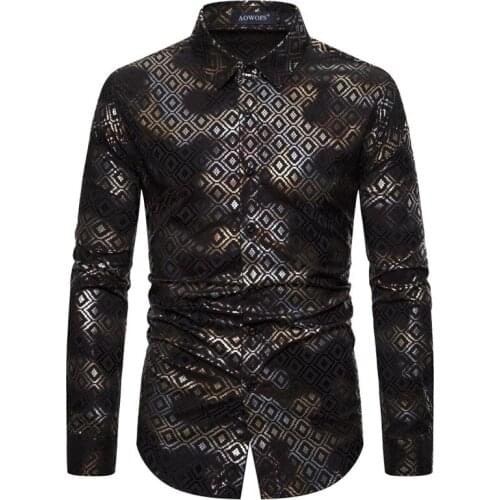 Black Geometric Plaid Bronzing Men Shirt Long Sleeve Streetwear Casual Mens Dress Shirts Hip Hop Shirt Camisa Social Masculina