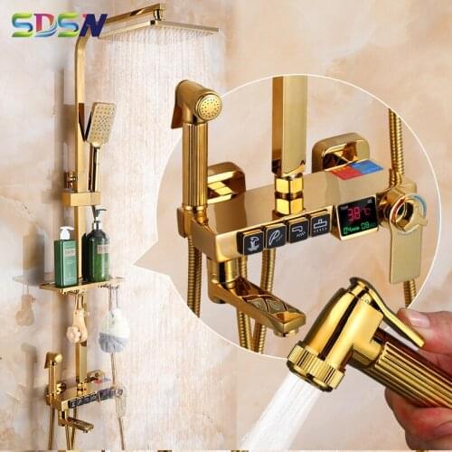 Digital Shower Set SDSN Gold Bathroom Mixer Faucets Quality Brass Bathtub Tap Rainfall Shower Head Gold Thermostatic Shower Sets
