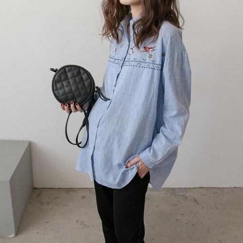 Maternity Elegant Blue Embroidery Blouse Elegant Spring Autumn Pregnant Women Long Sleeve Loose Shirts Pregnancy Fashion Clothes