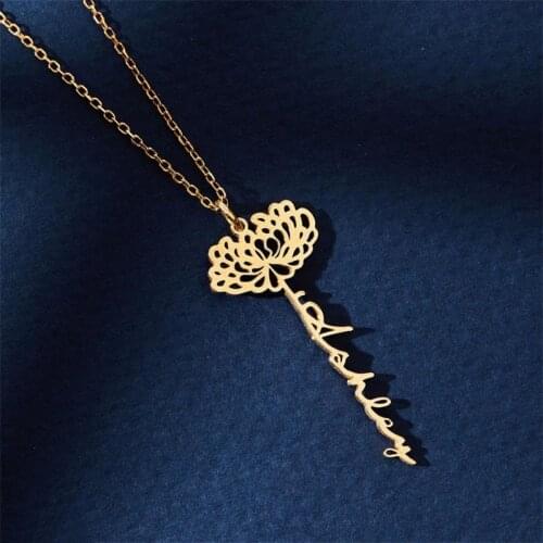 Custom Dainty Name Necklace With Birth Flower Stainless Steel Personalized Dangle Floral Name Necklace Mothers Day Gift