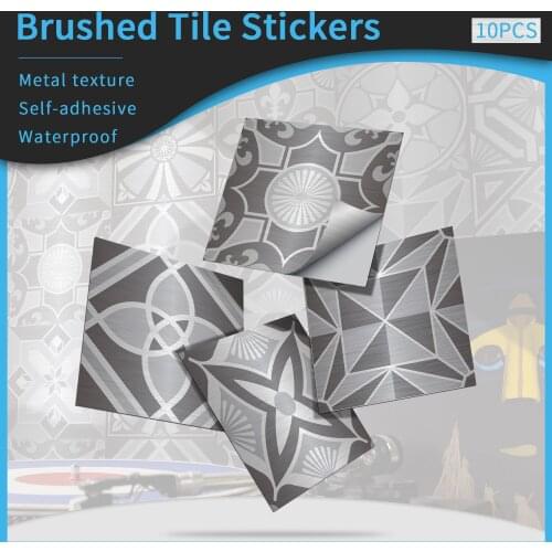 Classic Brushed Silver Gray Tile Wall Stickers Bathroom Kitchen Decoration Self-Adhesive Waterproof Decals Simulation Metal