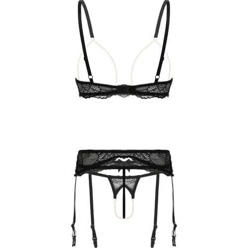 Lace Sexy Lingerie Set Adjustable Spaghetti Straps Open Cups Bra Top with Crotchless G-string Briefs Womens Erotic Lingerie Set