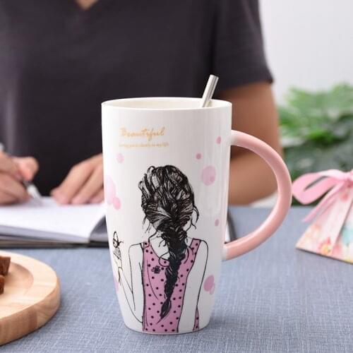 European Creative Beauty Girl Pattern Ceramic Coffee Mugs With Lid Large Capacity Drinkware Porcelain Tea Milk Cup Novelty Gifts