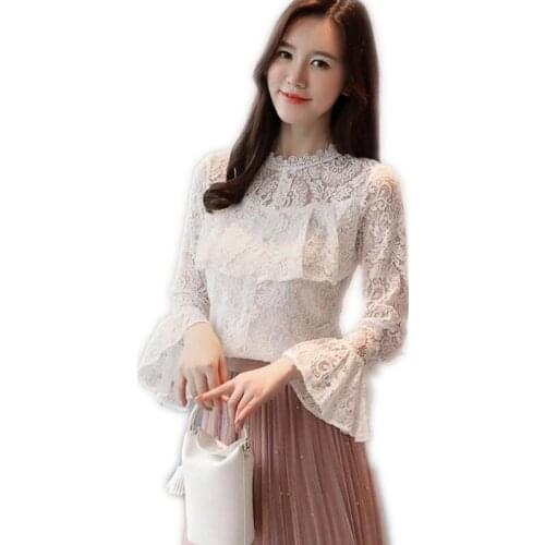 Sweet High Quality Lace Women Blouses 2018Spring Autumn New Fashion Butterfly Sleeve Shirts Short Female Stand-Collar BlouseQ028