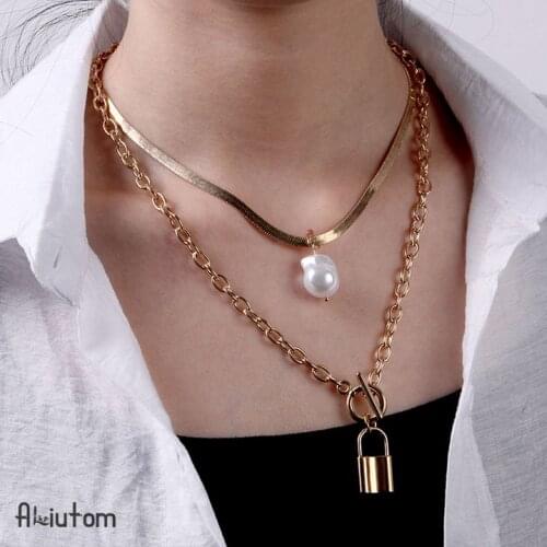 ALIUTOM Boho Layered Snake Chain Choker Gold Necklace For Women Thick Chain Pearl Lock Pendant Separated Necklace Sets Gift