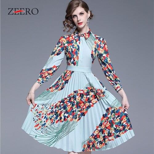 Fashion Trendy 2019 Vintage Pleated Dress Autumn Women Turn-down Collar Wrist Sleeve Shirt Dress Vintage Print Dress Vestidos