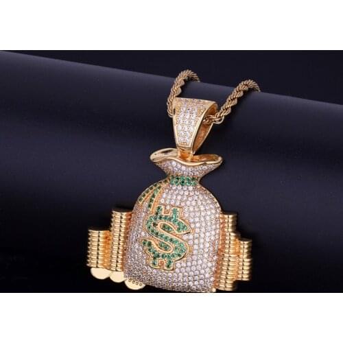 Mens Necklace Iced Out Dollar Purse Pendant Necklace With Gold Chain New Arrival Cubic Zircon Hip Hop Jewelry