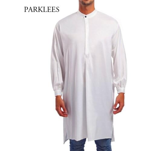 2019 New Mens Muslim Kaftan Brand Cotton Mandarin Collar Long Shirt Arabic Islamic Clothing Casual Breathable Musulman Abaya