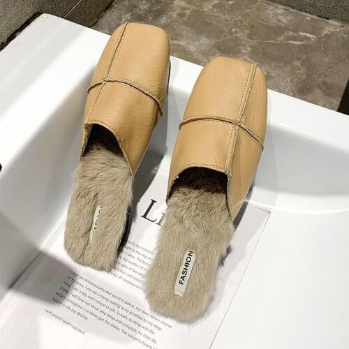 Mules Shoes Women Fur Slides Flat Slippers Ladies Furry Fluffy Woman Shoes Brand Leather Flats Womens Slipper 2020 Winter Mules