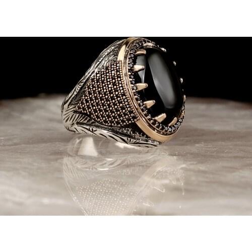 Onyx Stone Pen Processing 925 Sterling Silver Ring