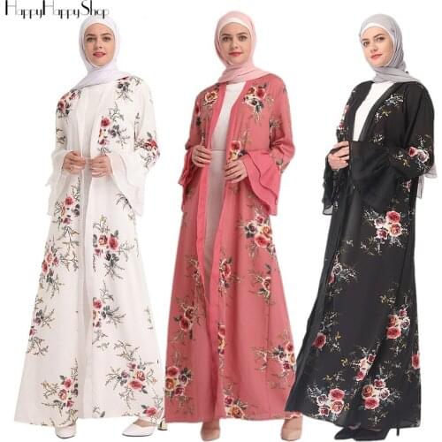 Flare Sleeves Womens Rose Flower Cardigan Dress Dubai Open Kimono Robe Islamic Muslim Jilbab Abaya Tunic Gown Turkish Kaftan