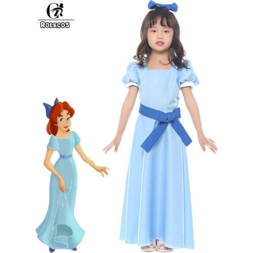 ROLECOS Peter Pan Wendy Cosplay Costume Blue Girl Dress Half Sleeve Party Princess Dress for Kid Sweet Dress with Belt Bowknot