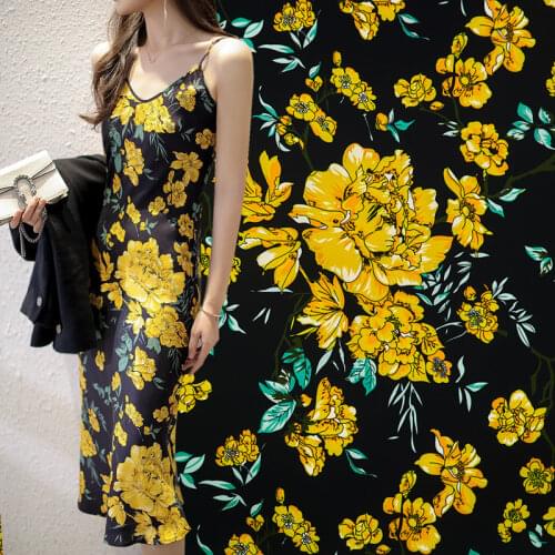 The yellow peony digital painting stretch satin emulation silk fabric for dress skirt ткань tissu telas sewing tela tecido ткани
