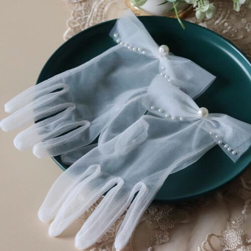 Wedding Gloves For Bride Guantes Pearl Beaded Bow-knot Fingers Short White Tulle Gloves Wedding Dress Accessories Photo Props