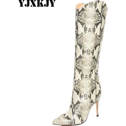 YJXKJY 34-43 Pointed Toe Sexy Snake pattern club Ladies Party Shoes Thin heels Fashion Genuine Leather Knee High Boots Female