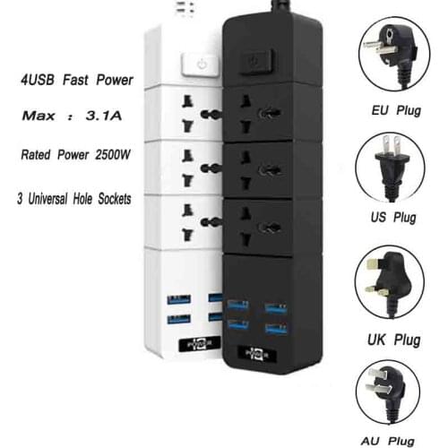 Power Strip 10A/2500W 3 AC Socket EU/UK/US Plug 4 USB Travel Adaptor with Switch and 2M Power Cord Adapter PC Explosion-Proof