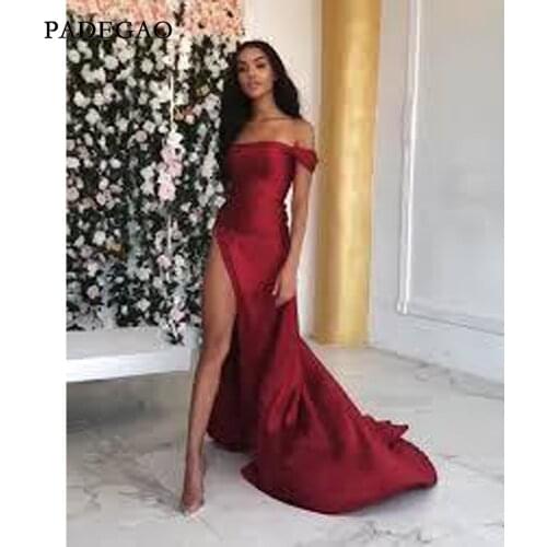 One Shoulder Evening Dresses Red Split Side Beautiful Long Sweep Train Fashion Sexy Evening Gowns