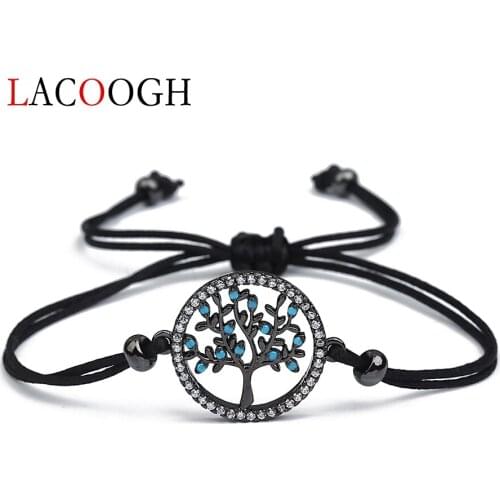 Vintage Boho Charms Bracelets Tree of Life Gold Zirconia Crystal Adjustable Black Rope String Bangles For Women Jewelry