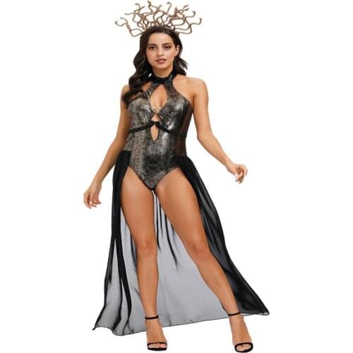 Women Cosplay Dress Medusa Halloween Costume With Hair Accessories Hollow Out Sexy Turtleneck Sleeveless High Waist Mesh Dress