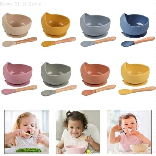 2 Pcs BPA Free Silicone Waterproof Baby Suction Bowl Training Spoon Set Non-Slip Learning Feeding Dish Plate Utensils