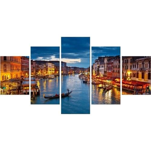 5 Pieces Night Venice Sail Boat Picture for Living Room Decor Painting HD Print Oil Painting on Canvas Wall Art Gift Framed