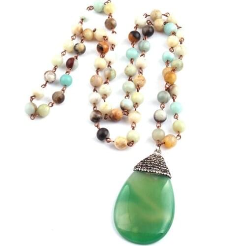 Free Shipping Fashion Bohemian Tribal Jewelry Rosary Chain Amazonite Stones Natural Green Pendant Punk Necklace