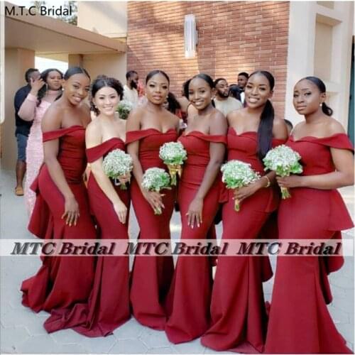 Burgundy Off The Shoulder Mermaid Bridesmaid Dresses 2021 Corset Floor Length Wholesale Black Maids Of Honor Party Gowns Cheap