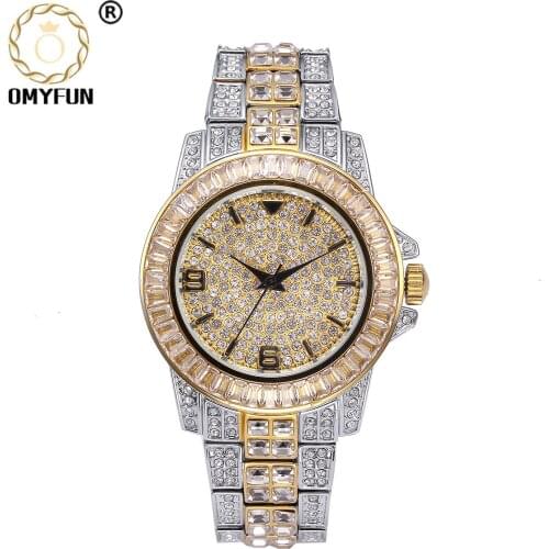 OMYFUN Mens Watches Baguette Diamond Watch Luxury Brand18K Gold Waterproof Watch Quartz Wristwatch Stainless Steel Watch for Men