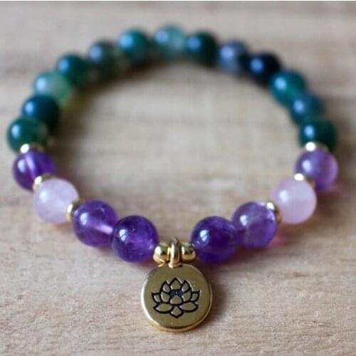 Moss A-gate Amethysts And Rose Q-uartz Mala Bracelet Meditation Beads Bracelet Yoga Jewelry Lotus Bracelets Healing Jewelry