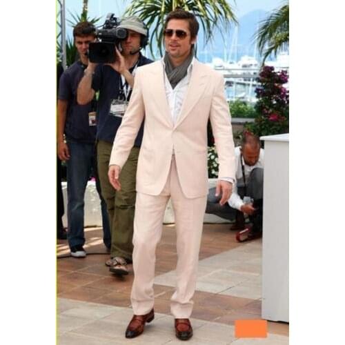Beige Men Suits Peaked Lapel Custom Made Men Suits 2 Pieces Wedding Suits Groom Tailored Made Tuxedo(Jacket+Pant+Tie)