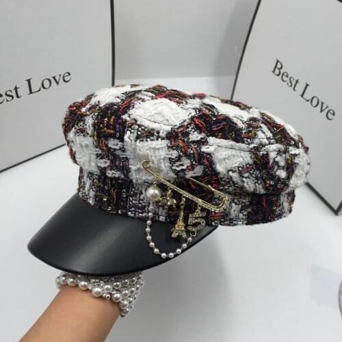 Spring and autumn winter the new navy cap with pearl hat grid beret painter cap octagonal visors for women
